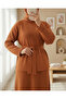 Knitted Suit with Folded Sleeves, Belted Waist and Slit - Tile - 3