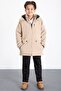 Cream Zippered Chest Pocketed Boys' Hooded Coat with Fur Inside 21358 - 2