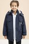 Navy Blue Text Detailed Hooded Coat with Chest Pocket and Fur Inside for Boys 21477 - 2
