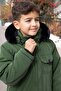 Khaki Snap Fastener Chest Pocketed Boys' Hooded Coat with Fur Inside 21348 - 5