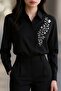 Women's Shirt Saten Fabric New Trend Model Embroidered Hidden Button Wrinkle-Resistant Fabric - 4