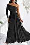 Black One Shoulder Long Sleeve Tailored Maxi Length Crepe Fabric Evening Dress - 3