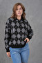 Women's Polo Neck Half Placket Button Detail Patterned Oversized Knitwear Sweater
