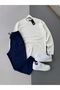 Men's Vertical Striped Stretch Fabric Ottoman White Sweatshirt Navy Blue Trousers 2-Piece Set - 3