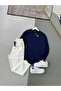 Men's Vertical Striped Stretch Fabric Ottoman Navy Blue Sweatshirt White Trousers 2-Piece Set