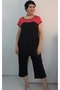 Black Pocket Capri Length Size Fits All Red Color Block Low Sleeve Combed Viscose Suit - 5