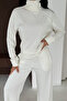 Soft Textured Ecru Modal Suit Top with Cross Side Zipper Detail Sweatshirt Bottom Palazzo Pants - 6