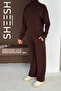 Soft Textured Brown Modal Suit Top Cross Side Zipper Detailed Sweatshirt Bottom Palazzo Pantalon - 4