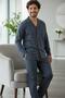 Navy Blue Gray Plaid Patterned Front Buttoned Elegant Men's Pajama Set - 4