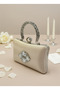 Ten Nude Pearl and Crystal Embroidered Glitter Satin Evening Dress Bag - 2