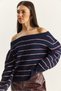 Women's Navy Blue Claret Red Bardot Collar Striped Oversize Knitwear Sweater 2570 60283876 - 6