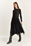 Women's Black Velvet Patterned Lined Asymmetrical Cut Elastic Waist Midi Skirt De251125 60283880 - 3