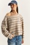 Women's Beige Navy Blue Bardot Collar Striped Oversize Knitwear Sweater 2570 60283876