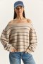 Women's Beige Navy Blue Bardot Collar Striped Oversize Knitwear Sweater 2570 60283876 - 4