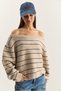 Women's Beige Navy Blue Bardot Collar Striped Oversize Knitwear Sweater 2570 60283876 - 5