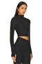 Women's Black Half Turtleneck Finger-Loop Long Sleeve Stretchy Sandy Fabric Crop Top Body Blouse - 2