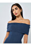 Navy Blue Bardot Neck Ribbed Maxi Dress - 3