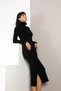 Black Turtleneck Slit Detailed Long Sleeve Striped Patterned Cashmere Women's Knitwear Dress