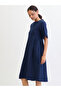 Navy Blue Cotton Side Gathers Detail Midi Dress - 3