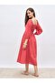 Women Red Smocked Midi Dress - 5