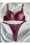 Women's Burgundy Leather Stone Bow Underwire Supported Padded Push up Bra Set Lingerie Set - 3