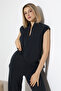 Women's Navy Blue Zippered Sleeveless Cropped Top - 6