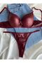 Women's Burgundy Leather Stone Bow Underwire Supported Padded Push up Bra Set Lingerie Set - 6