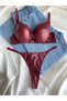 Women's Burgundy Leather Stone Bow Underwire Supported Padded Push up Bra Set Lingerie Set - 4