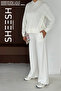 Soft Textured Ecru Modal Suit with Snap Detail on the Sides Hooded Sweatshirt Bottom Palazzo Pants - 4