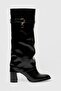 Women's Leather Boots Heeled Gold Buckle Black Diona