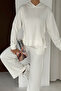 Soft Textured Ecru Modal Suit with Snap Detail on the Sides Hooded Sweatshirt Bottom Palazzo Pants - 8