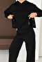 Soft Textured Black Modal Suit with Snap Detail on the Sides Hooded Sweatshirt Bottom Palazzo Pants - 5