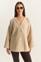 Women's Beige V-Neck Stylish Asymmetrical Buttoned Wrinkled Cashmere Cardigan 55000 60283567 - 2