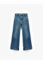 Buttoned Pocketed Regular Fit Cotton Wide Leg Jean Trousers - Wide Leg Jeans - 4