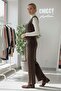Brown V-Neck Sleeveless Striped Elastic Waist Oversized Knitwear Vest Pants Set 55-110 55-55 - 4