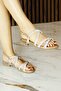 Bronze Vegan Stone Cross Strap Metal Heel Detailed Thick Heeled Sandals