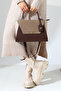 Women's Brown Cream Crocodile Leather Bag with Lock Detail - 5