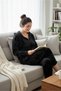 Women's Velvet Sports Pajama Set – Zippered, Hooded , Pockets, Black / Indigo (Petrol Blue) - 2