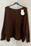 Women's Italian Brown Plain Pattern Back Button Detailed Casual F Corded Fabric Sweater Blouse