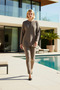 Women's Bottom Top Wide Fit Corded Fabric Knitwear Top Bottom Set Relaxed Fit Long Sleeve Henley Neck with Pants - 3