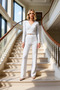 Women's Bottom Top Melange Knitted Double-Breasted Long Sleeve Crop Top and Wide Leg Relaxed Fit Pants Set Stylish