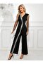 Women's Long V-Neck Front Sequin Detail Tulle Long Imported Crepe Jumpsuit - 3