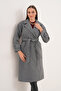 Women's Gray Belted Lined Long Button Detailed Cashmere Coat