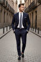 Slim Fit Pointed Collar Double Slit Wool Blend Double-Breasted Navy Blue Suit - 4