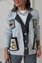 Gray Cardigan with Embroidered Pockets and Denim Detail - 7
