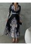 Crepe Fabric Floral Pattern Shirt Collar Self Belted Black Dress-42131 - 3