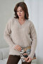Women's V-Neck Beard Textured Fleece-Lined Oversized Knitwear Sweater 8695 - 4
