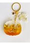 Yellow-Orange Colored Transparent Silvery Leaf-Detail Keychain with Pumpkin Figure