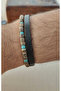 Natural Stone and Leather Bracelet Combination, Turquoise Detailed Coconut Bead and Black Leather Double Set - 2