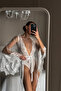 White Lace Tulle Dressing Gown & Tie-Up Design Nightgown Set - 3